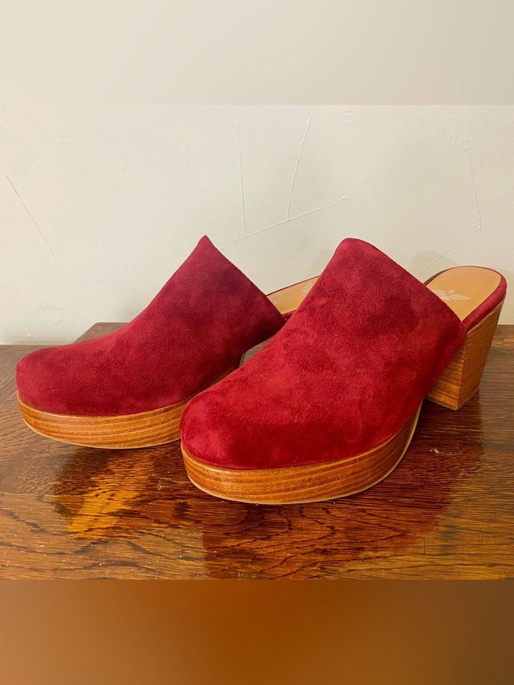 Fortress Limited Edition Women’s Burgundy Red Suede and Wood Platform Mules